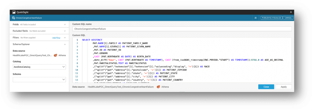 A screenshot of Example of the Direct Query into QuickSight
