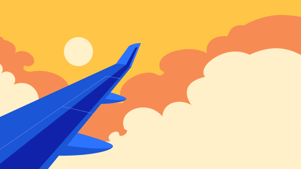 An abstract image of a blue airplane wing flying through a sky of orange clouds