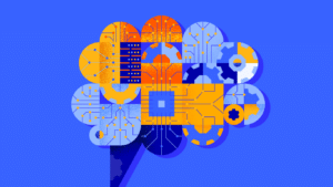 Geometric artificial brain with chip, gears and circuit board. Machine Learning and Artificial intelligence concept.