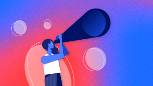 Abstract illustration of a person looking through a telescope
