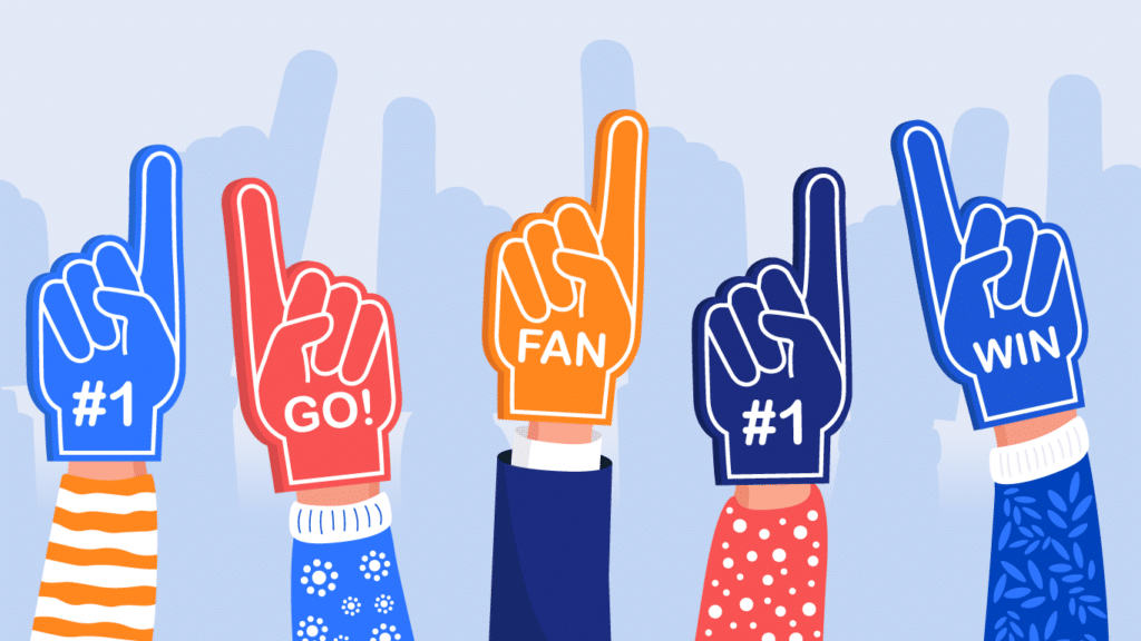 illustration of fans cheering with foam fingers on