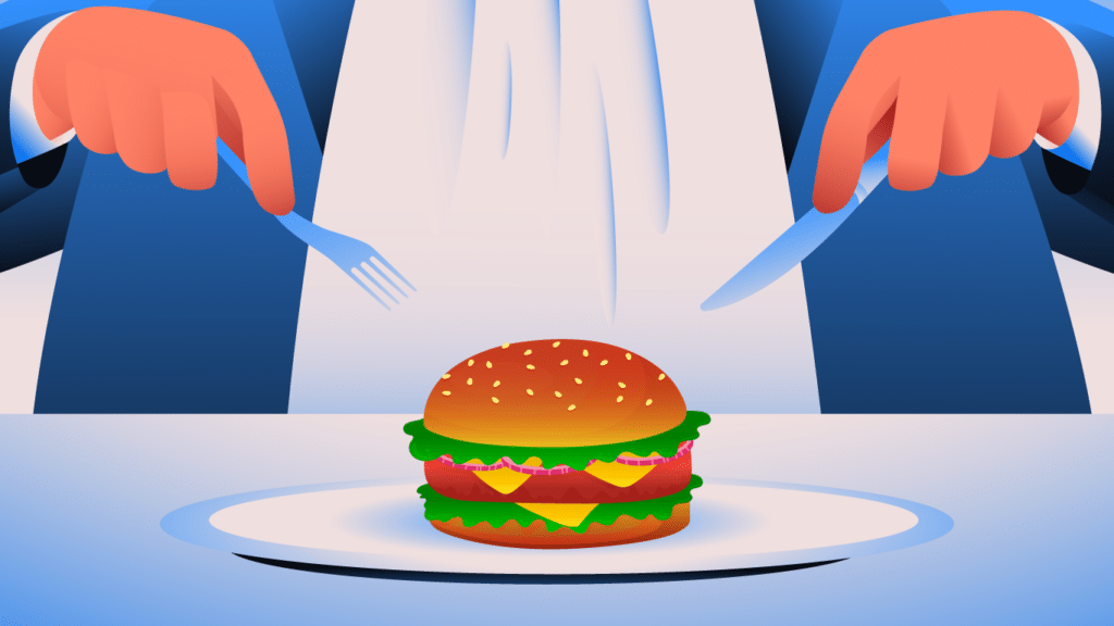 Illustration of a corporate executive holding a knife and fork preparing to cut into a burger.