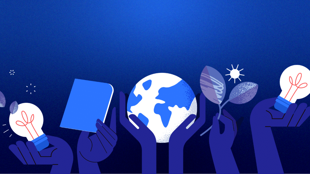 blue Hands in front of a blue gradient background holding sustainability related items like a globe, leaves, lightbulbs and a notebook.