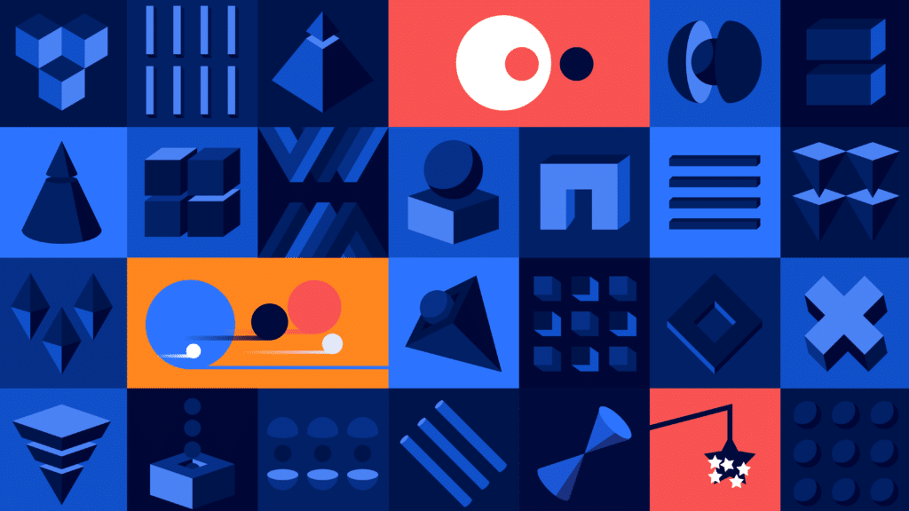 A colorful grid of different shapes, mostly indigo blue shades with three highlighted in orange.