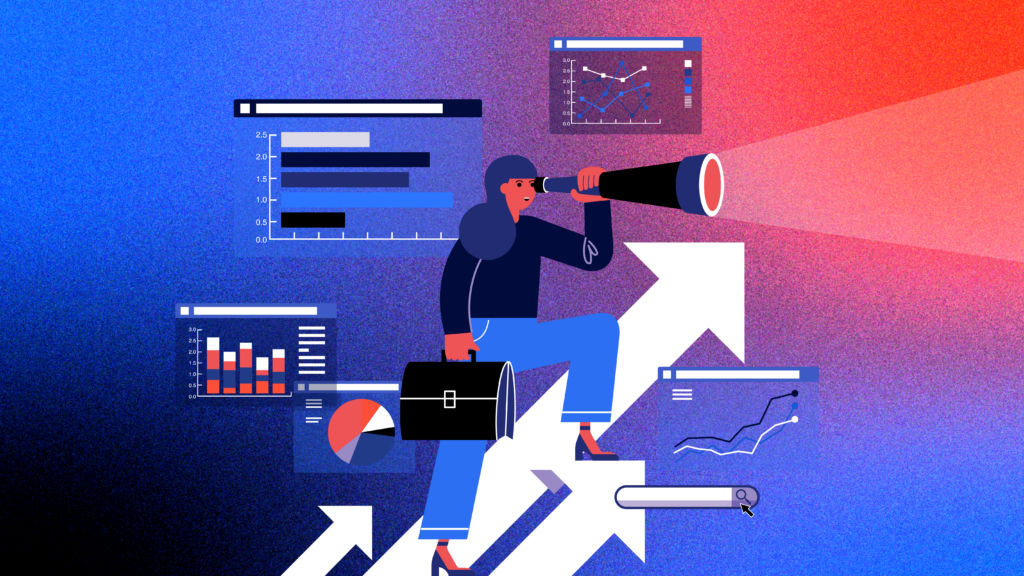 A woman holding a briefcase looking into a telescope with graphs, charts, and arrows surrounding her on a textured gradient background of blues and oranges.