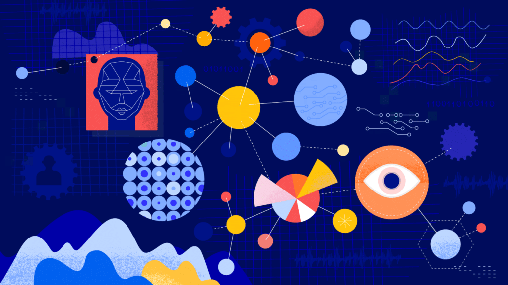 Vector illustration with hand drawn textures depicting artificial intelligence and deep learning concept.