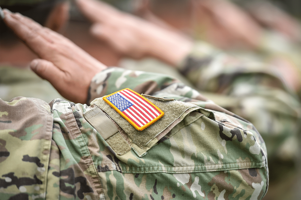 Detail shot with american flag on soldier uniform, giving the honor salute during military ceremony