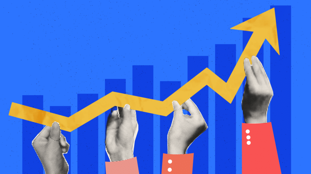 Halftone hands of colleagues holding rising arrow chart