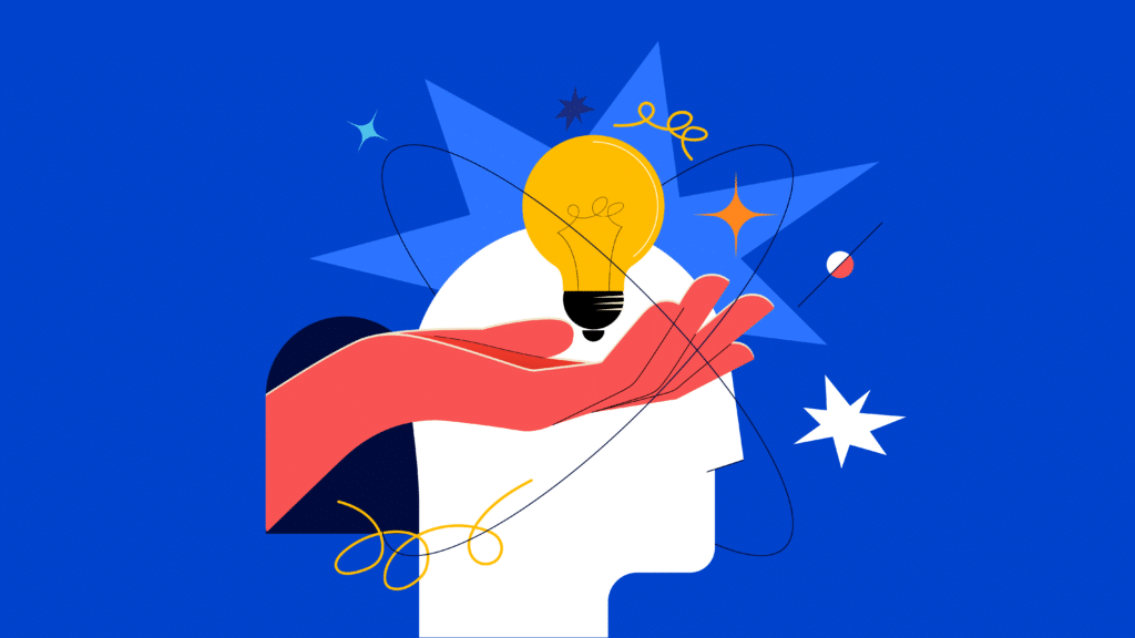 abstract graphic with hand holding a light bulb with abstract objects around it