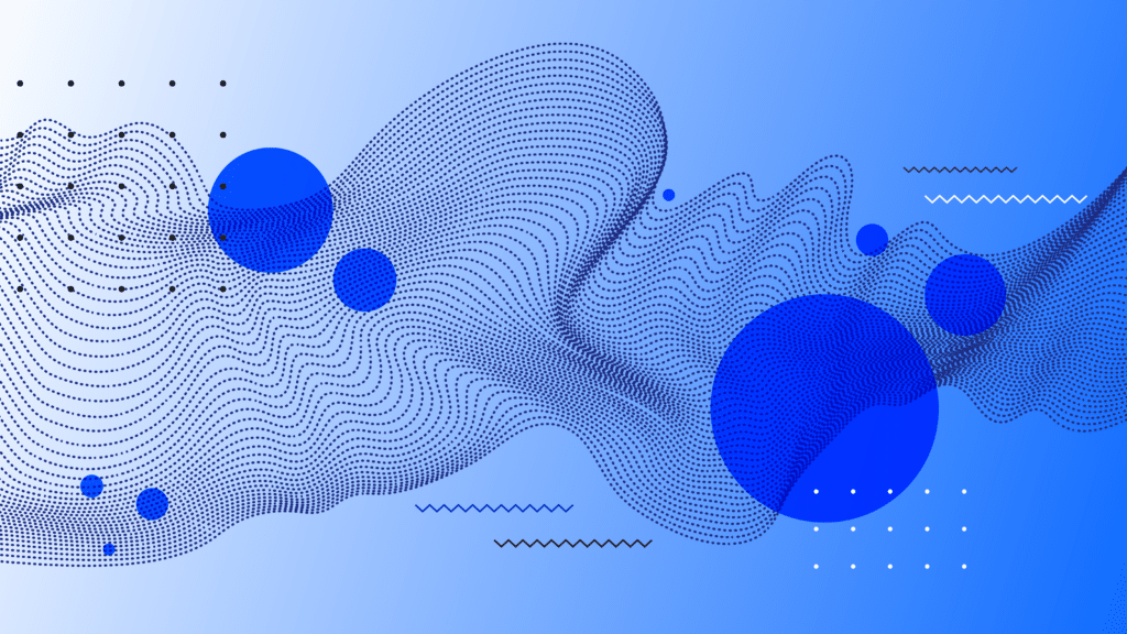 digital wave made of dots with a blue background - data mesh moving wave with dots and texture on top