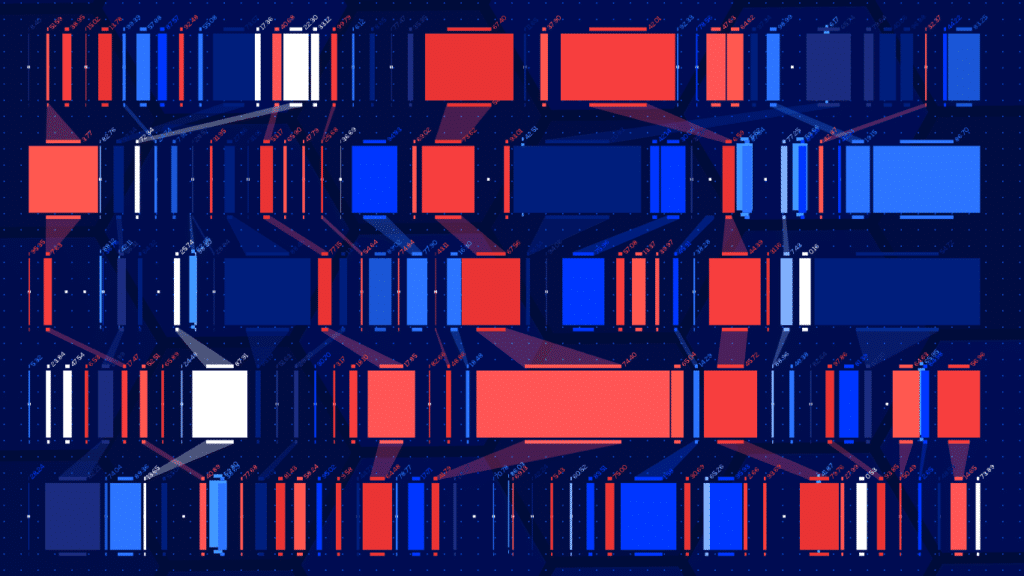 A visual diagram with interconnected coral, blue, and white rectangular nodes of varying sizes, linked by gradient lines on a dark blue, grid-like background.