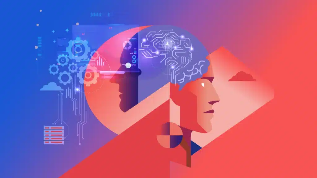 two heads in the center facing opposite directions. one head silhouette that faces right is human and looking ahead. The other is robotic artificial intelligence facing the left. Background is a blue and coral orange gradient that blends the two visuals.