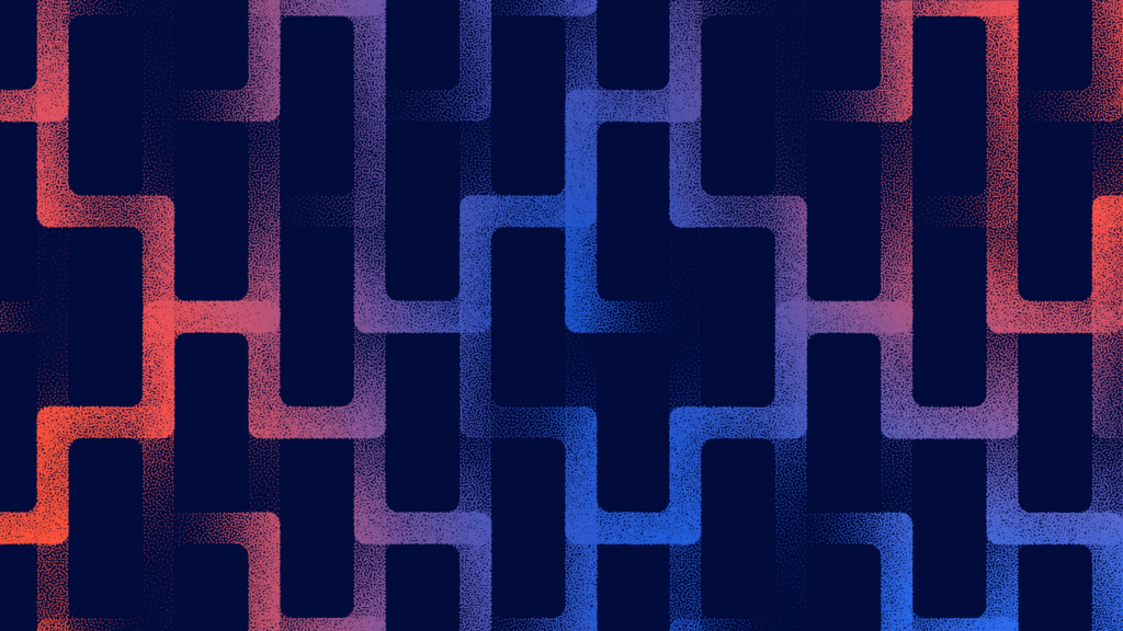 navy background with abstract dot pattern on top with a gradient of linking blues and oranges.