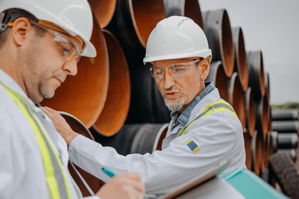 two engineers analyzing current status of gas pipeline.