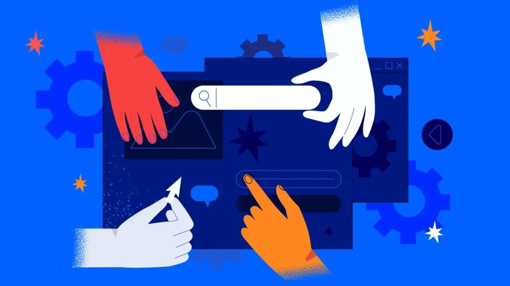 A vibrant illustration featuring hands of various colors interacting with digital interface elements on a blue background. The elements include a search bar, graphs, gears, and icons, symbolizing collaboration and user experience design.