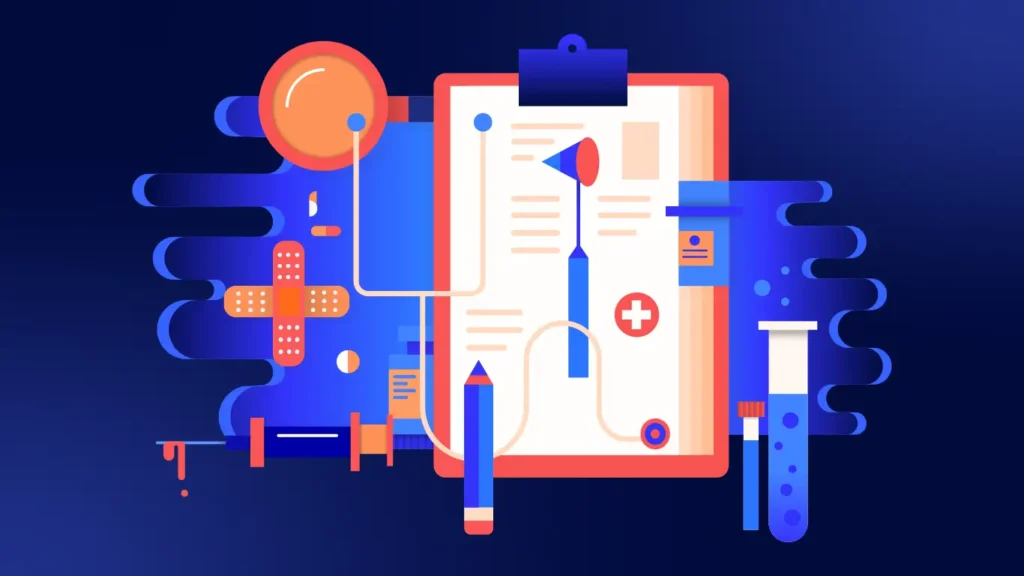 Illustration of various medical and healthcare elements, including a clipboard with a medical report, a stethoscope, a syringe, a test tube, a band-aid, and a pencil. The design features a modern, abstract style with a color palette of blue, red, and orange against a dark background.