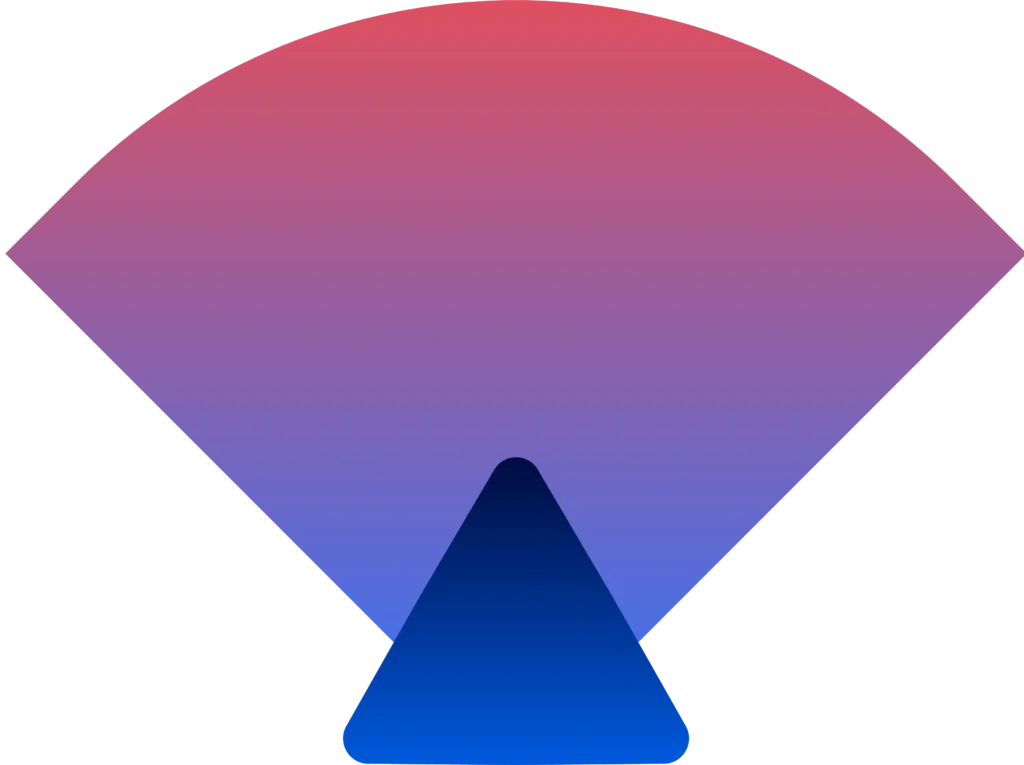 A fan-shaped gradient with red at the top and blue at the base, supported by a blue triangular base, representing growth or expansion.