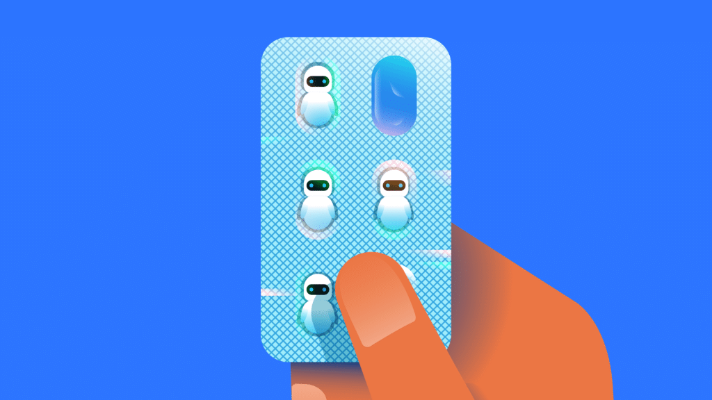 human holding pill capsul set with robots as the item inside each section on an indigo blue background to show AI models in the healthcare industry