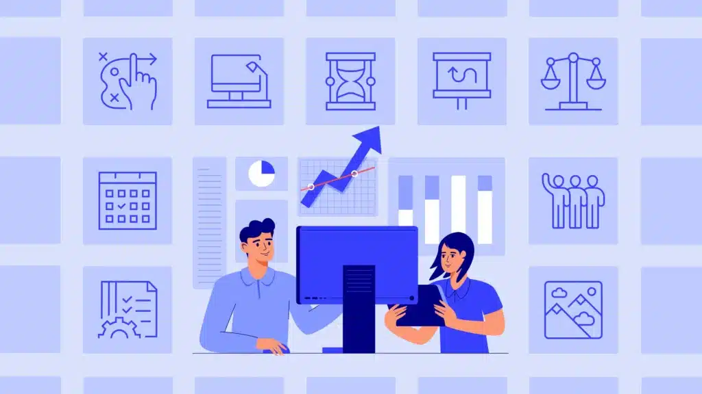 llustration of two professionals collaborating at a computer, with one person using a tablet. The background features various business and technology-related icons, including graphs, charts, a calendar, and strategy symbols, arranged in a grid pattern on a blue backdrop.