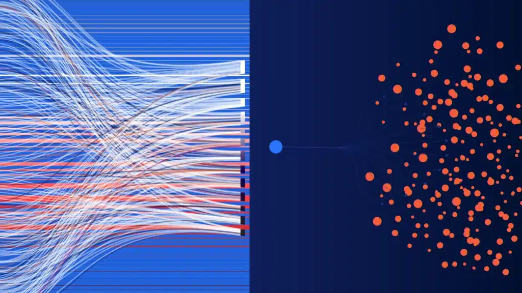 A digital visualization of data transformation. On the left side, numerous interwoven blue, white, and red lines represent complex, unstructured data streams. These lines converge into a single blue node at the center. On the right side, the data disperses into an organized structure of orange dots, symbolizing structured and strategic data governance.