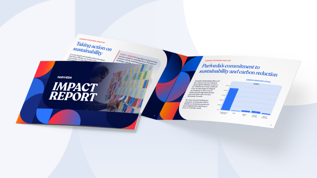 two booklet mockups of the pariveda impact report - one showing open faced to the pages inside and the other showing the cover. these are set on a pale blue pattern background.