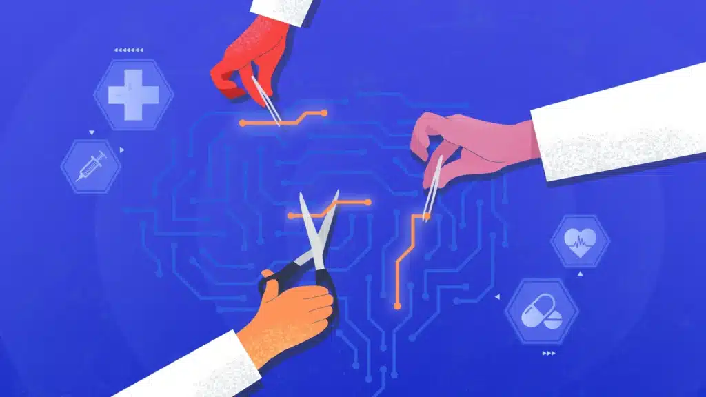 Illustration of three hands in white lab coats manipulating a digital circuit board in the shape of a brain. One hand uses tweezers to adjust circuit lines, while another hand holds scissors, cutting a connection. The background is blue with hexagonal icons representing healthcare elements such as a cross, syringe, heart rate monitor, and pills, symbolizing the intersection of artificial intelligence and medical decision-making.