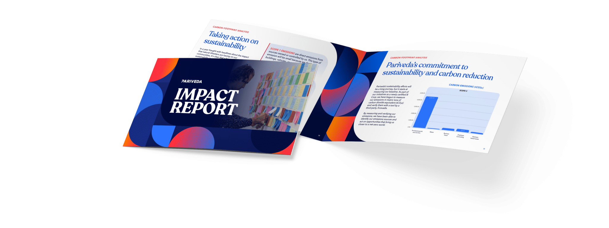 mockup of a horizontal brochure for the pariveda impact report with blue and orange shapes