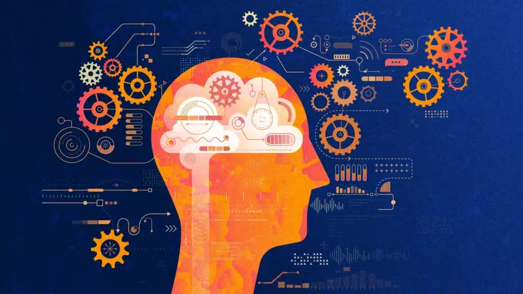 Illustration of a human head in profile filled with mechanical gears and abstract circuitry, symbolizing the brain's inner workings and the integration of technology and thought processes. The background is dark blue, and the gears are in warm hues of orange, red, and yellow, representing innovation, performance, and complex systems thinking.