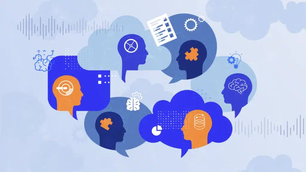 Illustration of human head silhouettes in speech bubbles, symbolizing collaboration and communication. Each head contains icons representing various cognitive and problem-solving elements, including gears, puzzle pieces, brains, checklists, and charts. The image conveys themes of teamwork, knowledge sharing, and innovation.
