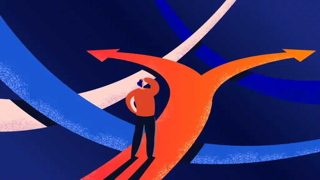 Illustration of a person standing at a crossroads, looking uncertain, with multiple colorful paths branching out in different directions, symbolizing the challenge of making a strategic decision.