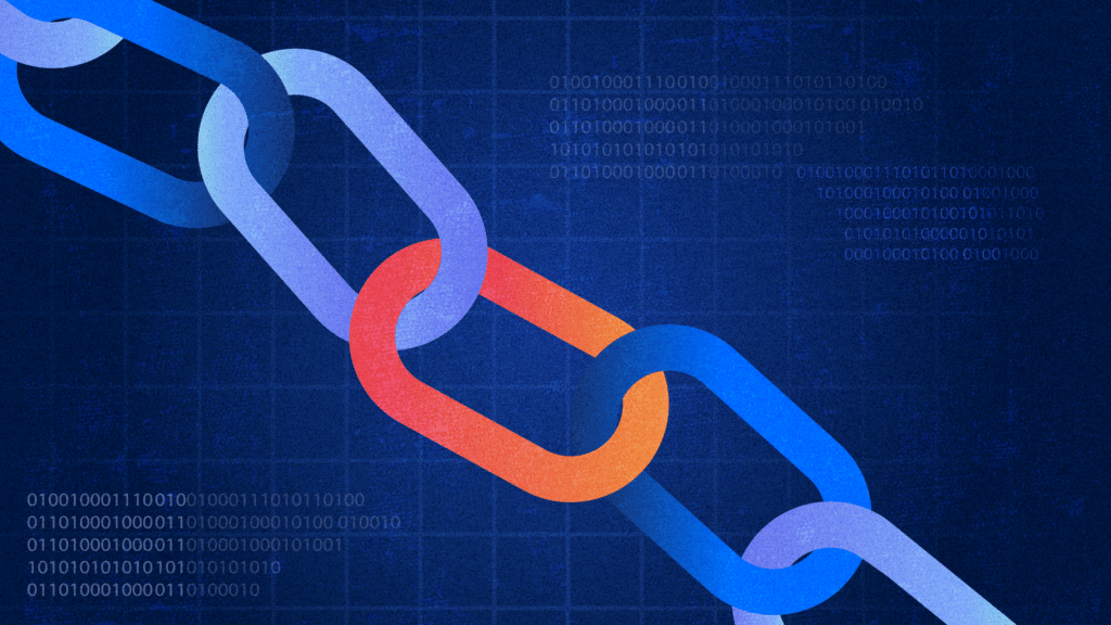 Illustration of a multicolored chain link against a digital grid background, symbolizing the strength and interconnectedness of brand strategy, design, and outreach in a B2B context.