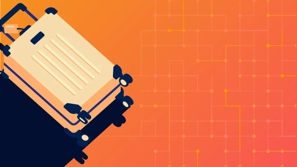 Illustration of a rolling suitcase with a luggage tag on an orange gradient background featuring a subtle digital circuit pattern, symbolizing AI-driven personalization and technology integration in the travel industry.