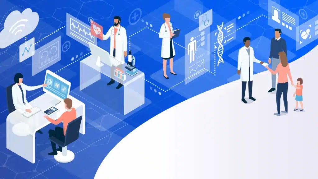 Illustration of a connected digital healthcare system showing doctors using medical data and AI technology to engage with patients. Includes scenes of telehealth consultations, digital health records, genetic data, and family-centered care. Highlights innovations in personalized medicine and healthcare technology integration.