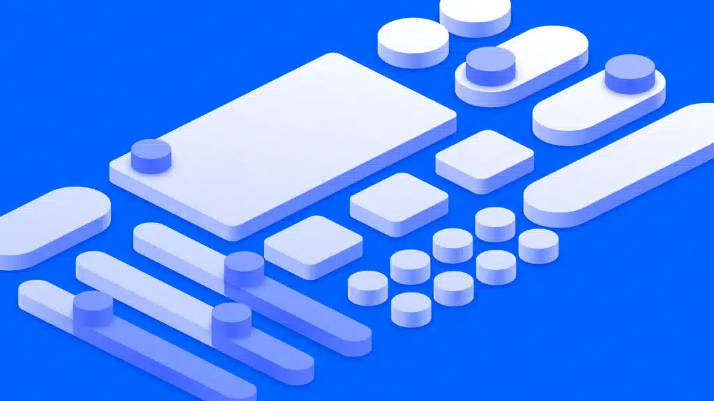 Abstract 3D illustration of various geometric blocks on a blue grid background, symbolizing product design, feature prioritization, and streamlined development in tech.