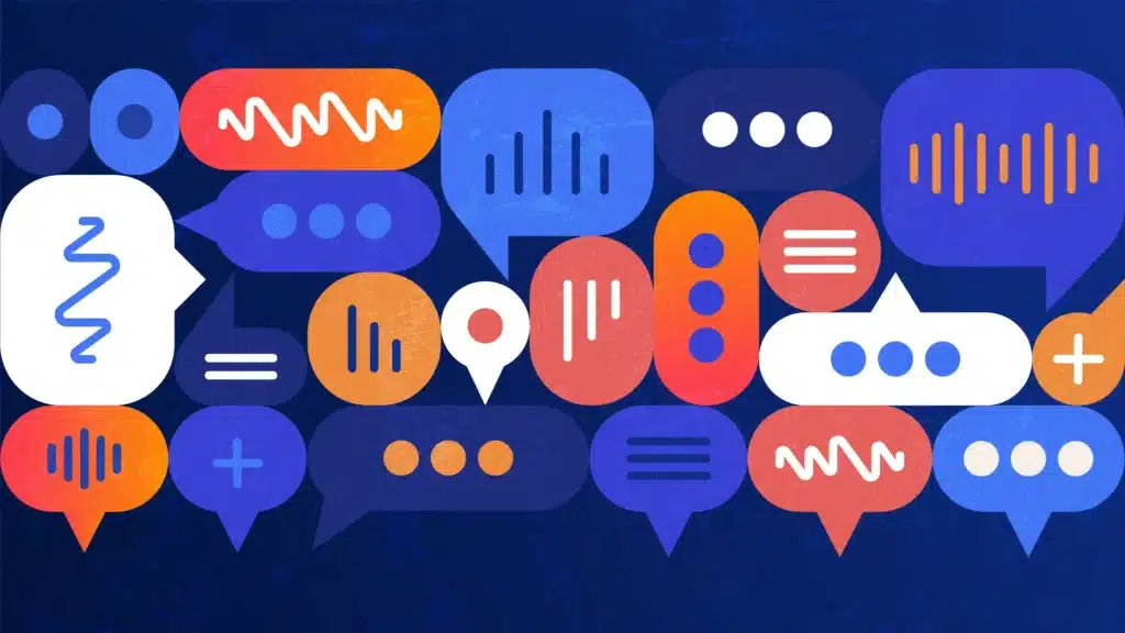Colorful speech bubbles in various shapes and sizes are scattered across a dark blue background. The bubbles contain abstract icons such as ellipses, waveforms, vertical bars, lines, and plus signs, symbolizing different forms of communication and digital messaging.