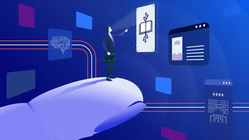 Illustration of a business professional standing on a digital hand, interacting with AI-driven data interfaces including a brain icon, digital documents, and cloud infrastructure—representing retrieval-augmented generation and the integration of unstructured data in modern data platforms.