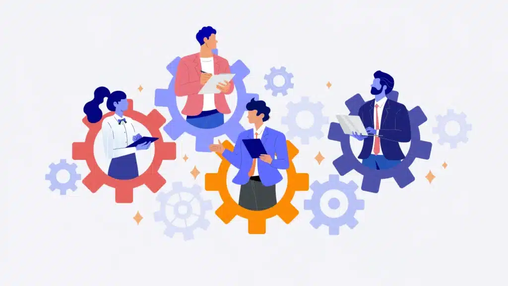 Illustration of diverse professionals working within interconnected gears, symbolizing collaboration, shared values, and how aligned actions can drive a strong employer brand.