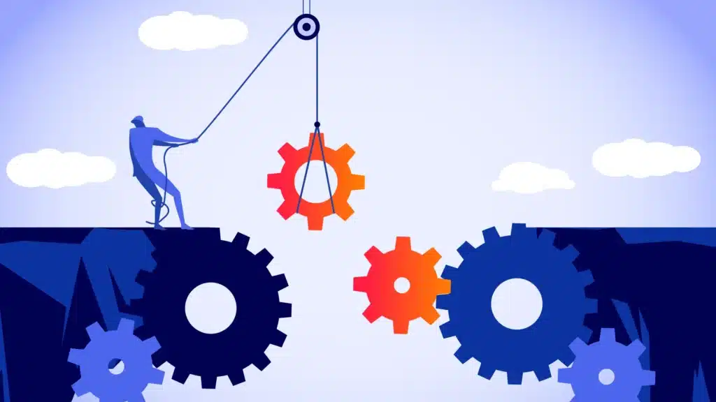 Illustration of a person using a pulley to lower a red-orange gear into place between larger blue gears across a gap, symbolizing leadership, problem-solving, and organizational alignment.