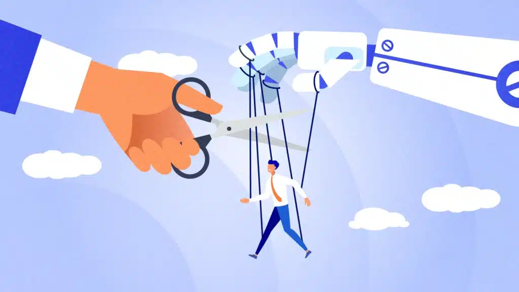 Illustration of a robotic hand controlling a businessperson like a puppet with strings, symbolizing AI-driven control or automation. A human hand uses scissors to cut the strings, representing liberation from burnout or overdependence on artificial intelligence in the workplace.
