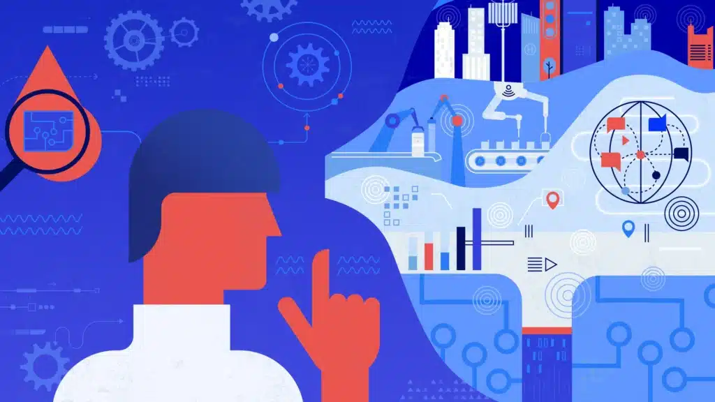 Illustration of a person analyzing AI, data, and automation in a smart city and industrial setting.