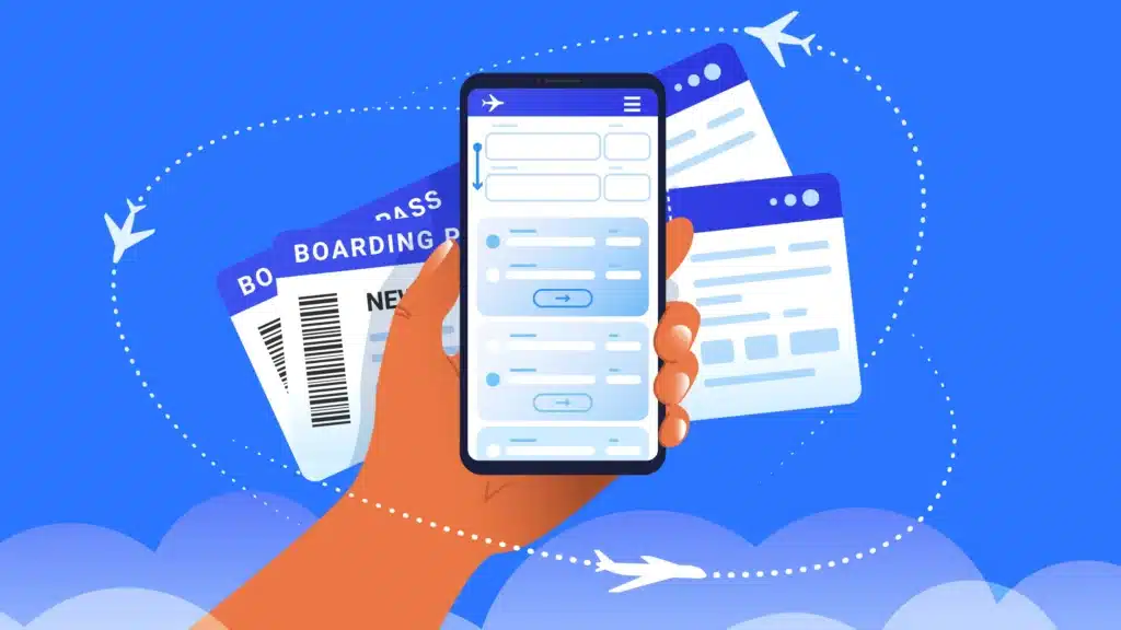 Illustration of a hand holding a smartphone with a flight booking app, surrounded by digital boarding passes and travel-related web forms. Airplanes and dotted flight paths in the sky represent global travel and gamified airline loyalty experiences.