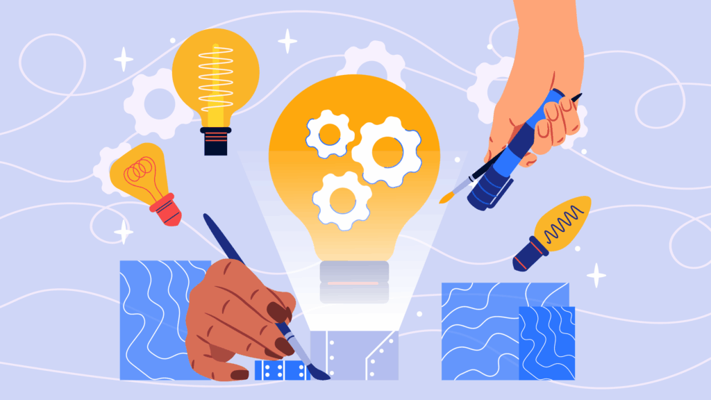 hands painting and holding pens and brushes with light bulbs and boxes floating around them on a light blue background