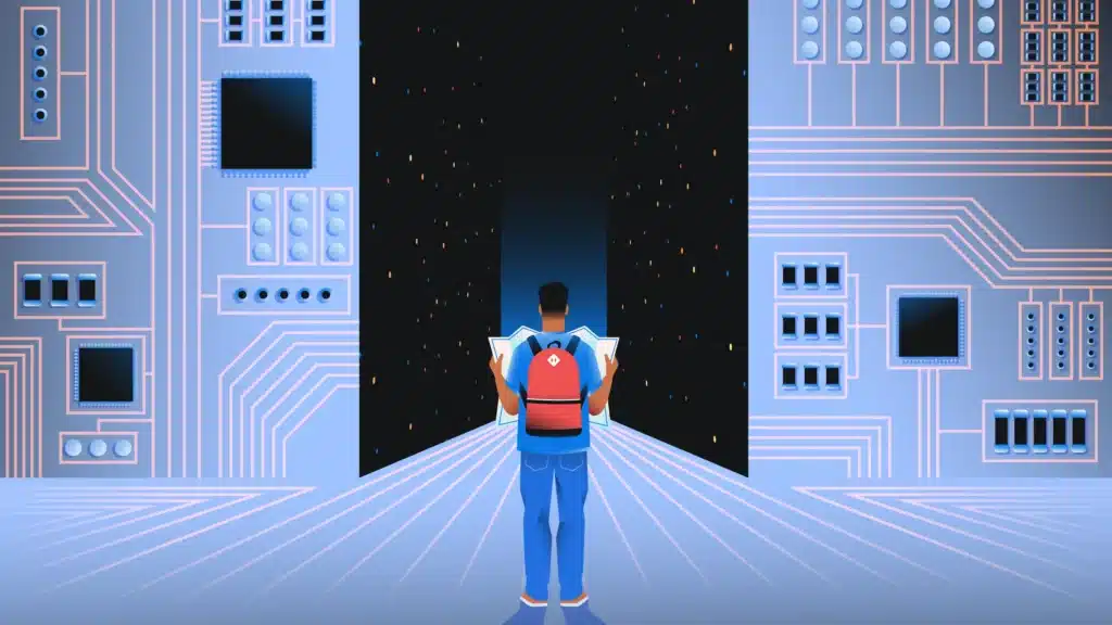 Illustration of a person with a red backpack holding papers, standing at the edge of a futuristic digital corridor resembling a computer circuit board. The figure faces a dark, starry portal, symbolizing exploration, artificial intelligence, and the journey into the unknown potential of emerging technology.