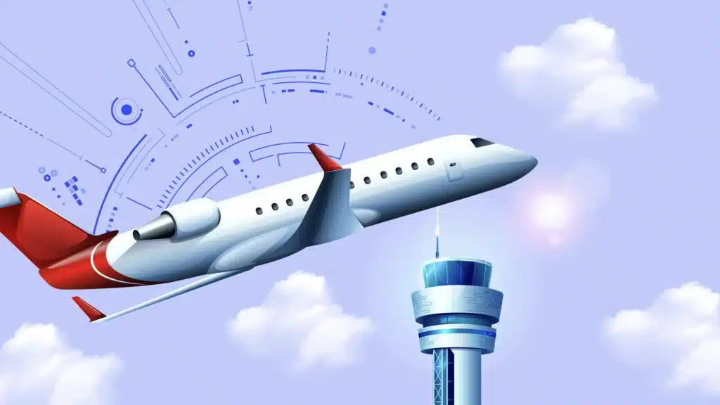 Illustration of a commercial airplane with red tail fins taking off near an airport control tower. A digital technology overlay and clouds in the background symbolize innovation and transformation in the airline industry.