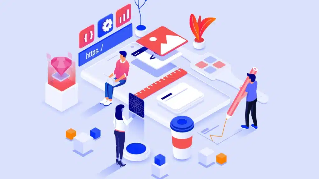 Illustration of a web design and development concept showing people creating a website with coding, images, design tools, and UI elements.