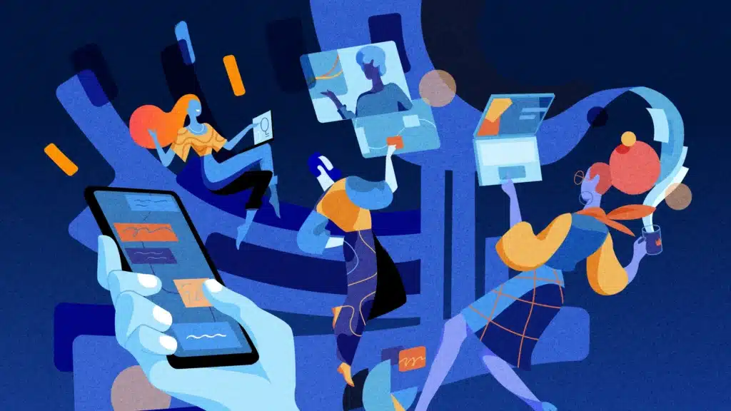 Illustrated scene of diverse professionals collaborating in a vibrant digital workspace, featuring people using smartphones, laptops, and video calls, symbolizing connected remote teamwork and unified digital experiences.