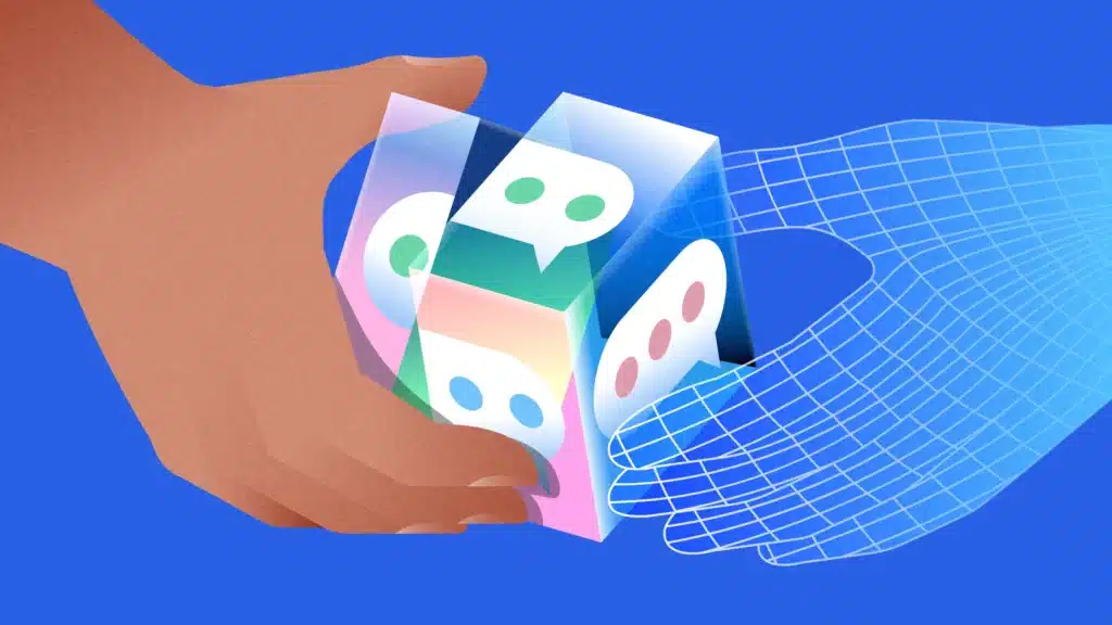 Illustration of a human hand and a digital wireframe hand holding a colorful cube with chat icons, symbolizing collaboration between people and artificial intelligence in communication.