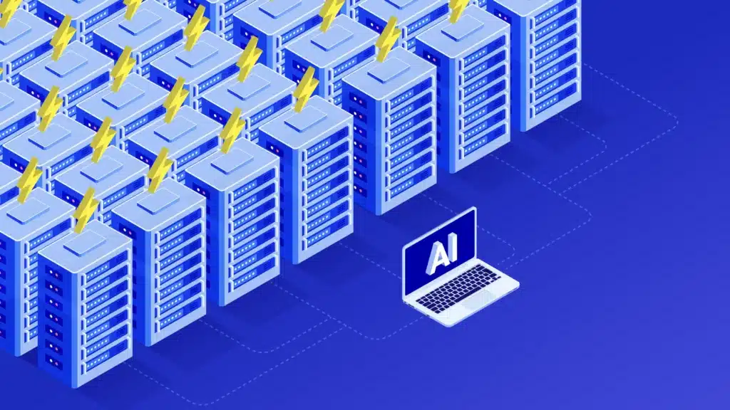 Illustration of rows of server racks with yellow lightning bolts above them, symbolizing computing power, connected to a laptop labeled ‘AI’ on a blue background.