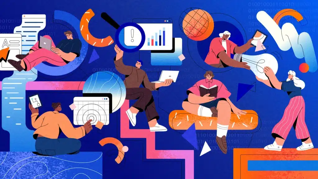 Illustration of diverse people collaborating with laptops, tablets, books, and charts against a vibrant blue background filled with abstract shapes, graphs, and digital icons.