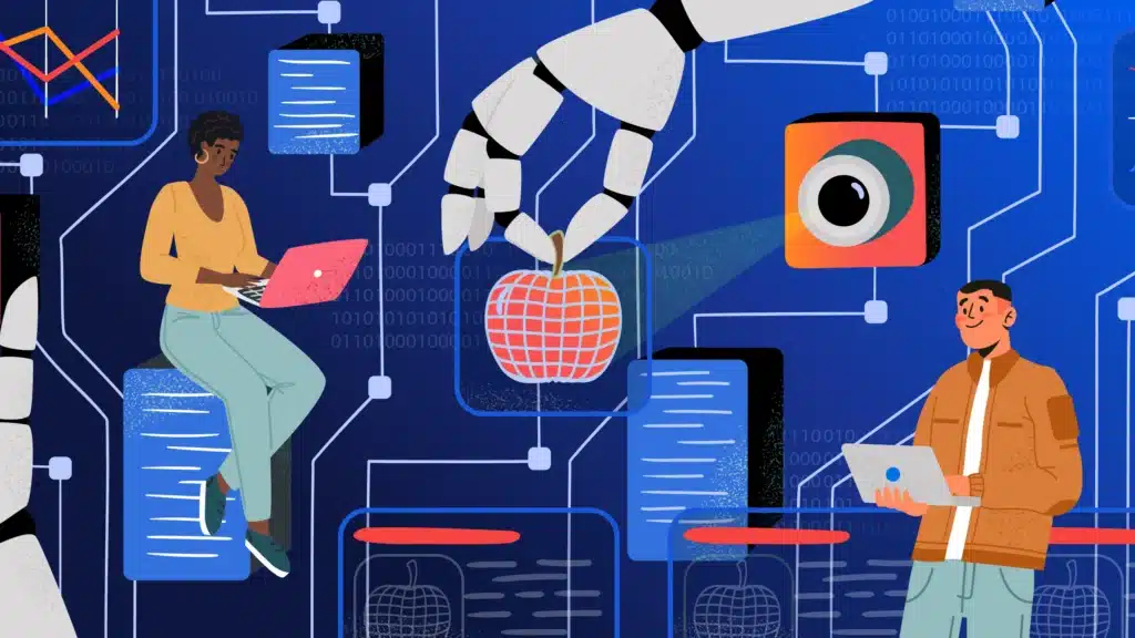 Illustration of an intelligent enterprise platform showing professionals using laptops alongside AI, data analytics, cybersecurity, and automation systems interconnected by digital network lines.